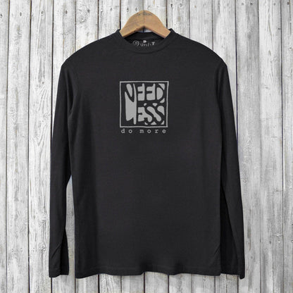 Black men's bamboo long sleeve t-shirt featuring 'Need Less Do More' print. Made from organic cotton blend for breathable comfort.