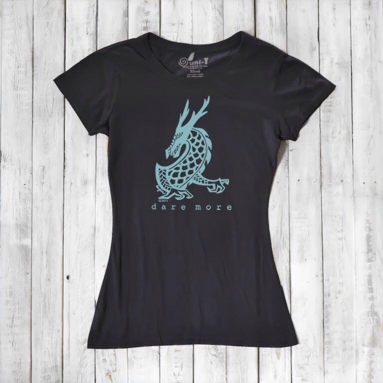 Black 'Dare More' women's dragon T-shirt with aqua graphic, made from bamboo and organic cotton. Eco-conscious fantasy tee by Uni-T.
