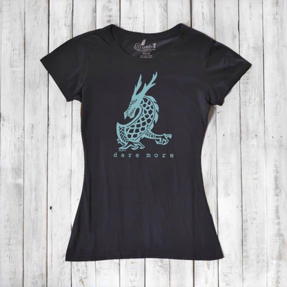 Black 'Dare More' women's dragon T-shirt with aqua graphic, made from bamboo and organic cotton. Eco-conscious fantasy tee by Uni-T.