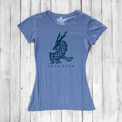 Blue 'Dare More' dragon T-shirt for women featuring dark navy print. Sustainable bamboo-organic cotton blend tee by Uni-T.
