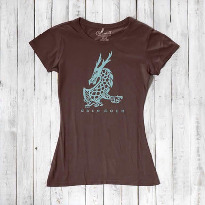 Brown 'Dare More' women's dragon T-shirt with light blue mythical creature print. Eco-friendly bamboo-organic cotton tee by Uni-T.