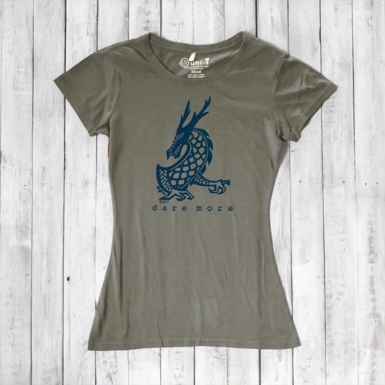 Olive green 'Dare More' dragon T-shirt for women with navy fantasy art. Sustainable bamboo-organic cotton graphic tee by Uni-T.