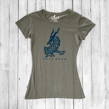 Olive green 'Dare More' dragon T-shirt for women with navy fantasy art. Sustainable bamboo-organic cotton graphic tee by Uni-T.