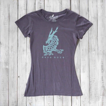 Charcoal grey 'Dare More' women's T-shirt with light blue dragon design. Bamboo-organic cotton fantasy tee by Uni-T.