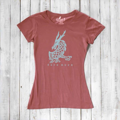 Rust red 'Dare More' dragon T-shirt for women with light blue print. Sustainable mythical creature tee in bamboo-organic cotton by Uni-T.