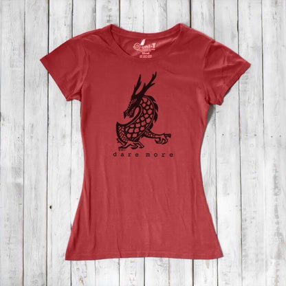 Red 'Dare More' women's dragon T-shirt with bold black graphic. Eco-conscious bamboo-organic cotton fantasy tee by Uni-T.