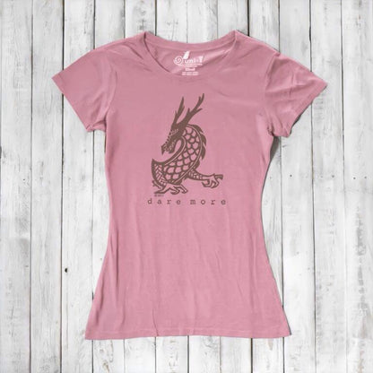 Pink 'Dare More' dragon T-shirt for women with brown fantasy print. Soft bamboo-organic cotton blend tee by Uni-T.
