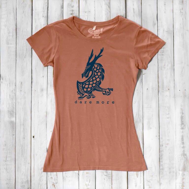 Terracotta 'Dare More' dragon T-shirt for women with navy mythical creature print. Eco-friendly bamboo-organic cotton tee by Uni-T.