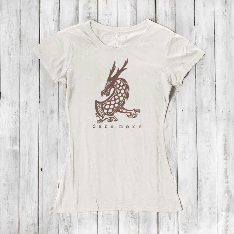 Cream 'Dare More' women's dragon T-shirt with brown fantasy art. Sustainable bamboo-organic cotton tee by Uni-T.