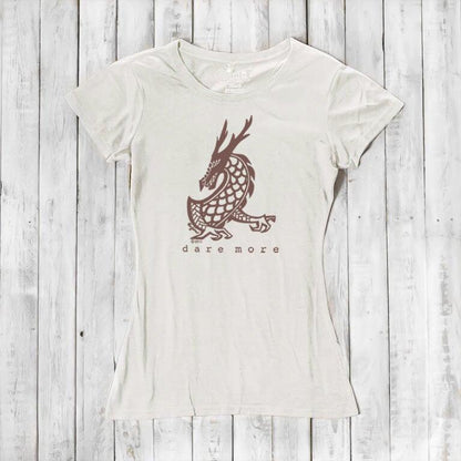 Cream 'Dare More' women's dragon T-shirt with brown fantasy art. Sustainable bamboo-organic cotton tee by Uni-T.
