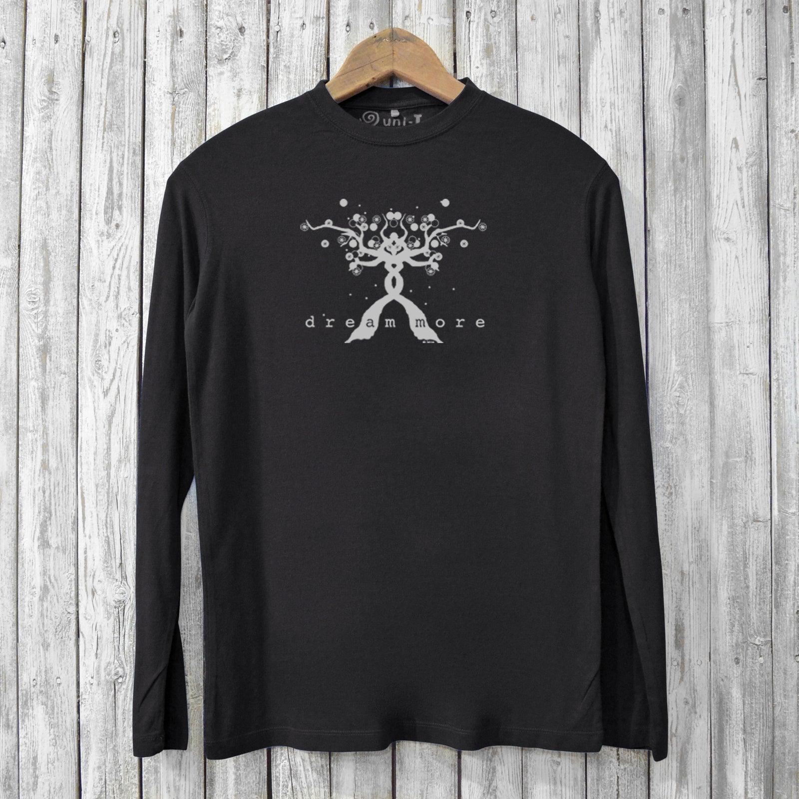 Black 'Dream More' long sleeve t-shirt for men made from bamboo and organic cotton. Features eco-friendly graphic design with motivational message.