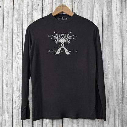 Black 'Dream More' long sleeve t-shirt for men made from bamboo and organic cotton. Features eco-friendly graphic design with motivational message.
