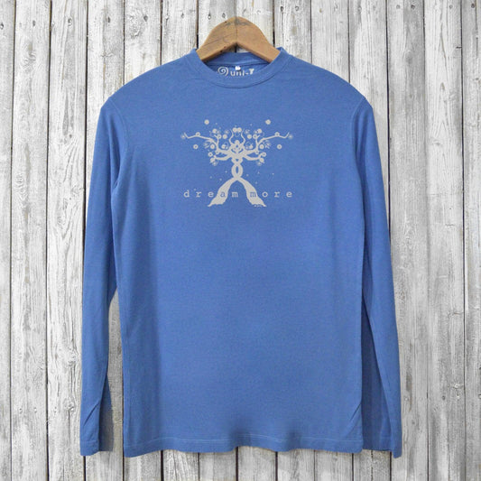Blue bamboo motivational t-shirt for men with 'Dream More' graphic. Sustainable long sleeve shirt ideal for casual, eco-conscious wear.