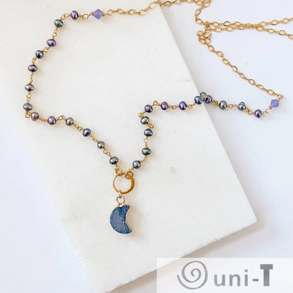 Druzy Quartz Blue Mini Moon and Peacock Pearl, Vermeil, 14K Gold Filled Circlet Necklace Regina McGearty
