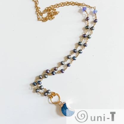 Druzy Quartz Blue Mini Moon and Peacock Pearl, Vermeil, 14K Gold Filled Circlet Necklace Regina McGearty