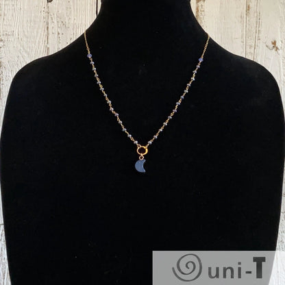 Druzy Quartz Blue Mini Moon and Peacock Pearl, Vermeil, 14K Gold Filled Circlet Necklace Regina McGearty