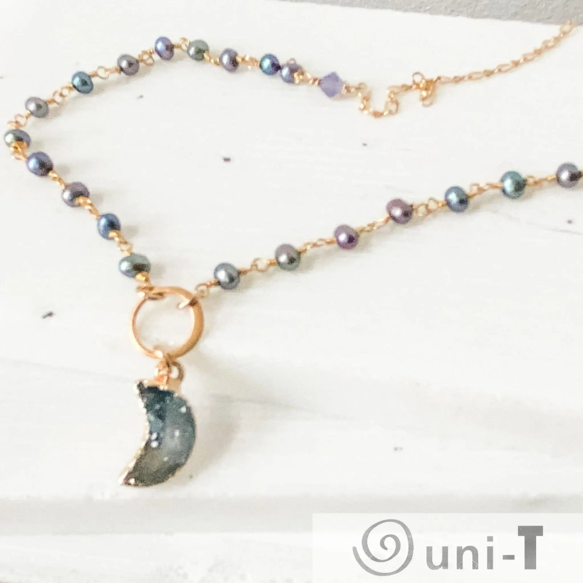 Druzy Quartz Blue Mini Moon and Peacock Pearl, Vermeil, 14K Gold Filled Circlet Necklace Regina McGearty