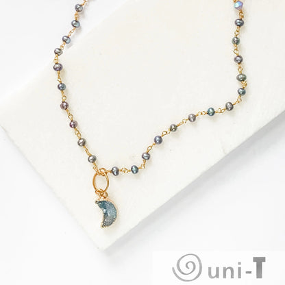 Druzy Quartz Blue Mini Moon and Peacock Pearl, Vermeil, 14K Gold Filled Circlet Necklace Regina McGearty