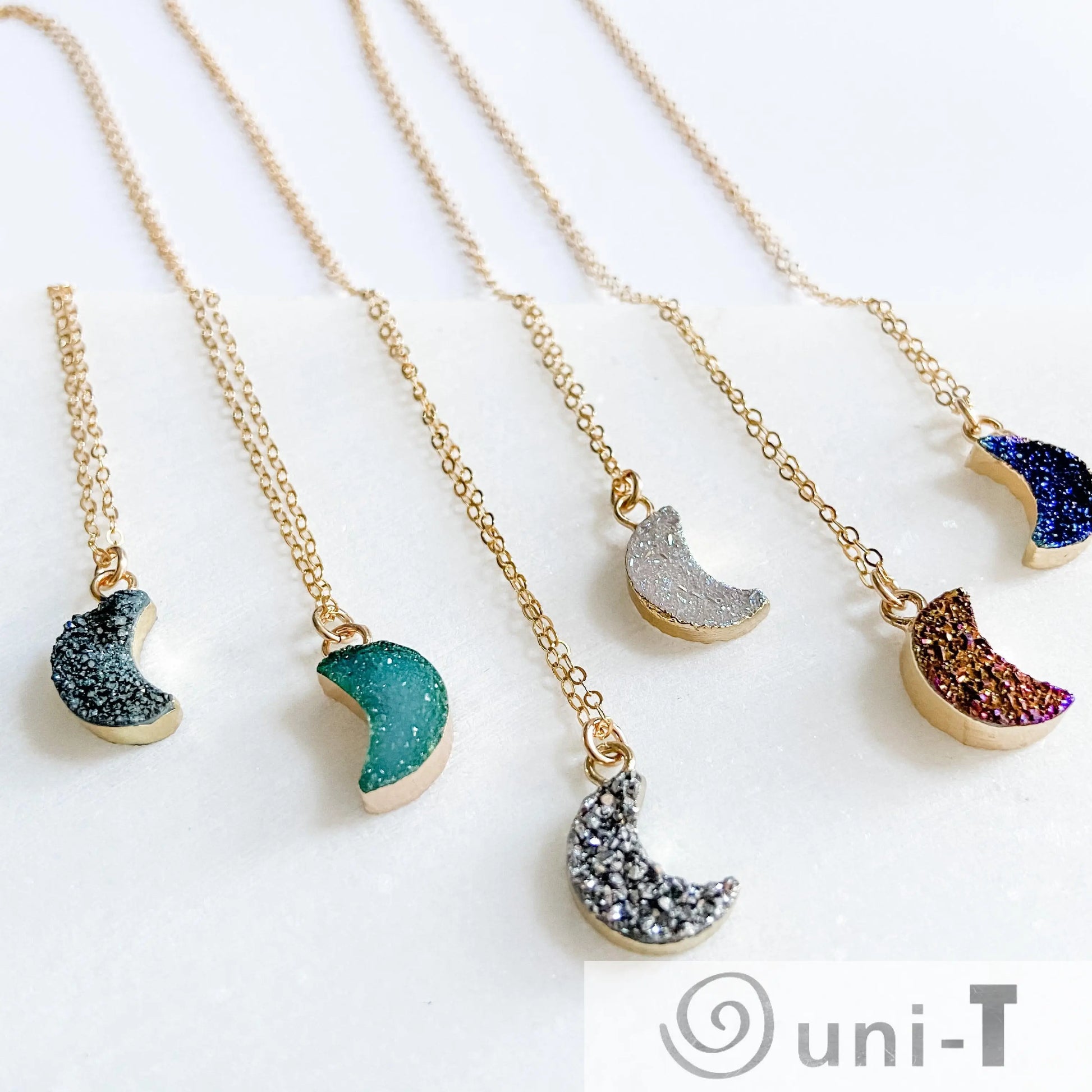 Druzy Quartz Mini Moon Pendant Necklace on 14K Gold Filled Chain Regina McGearty
