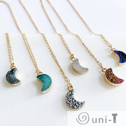 Druzy Quartz Mini Moon Pendant Necklace on 14K Gold Filled Chain Regina McGearty