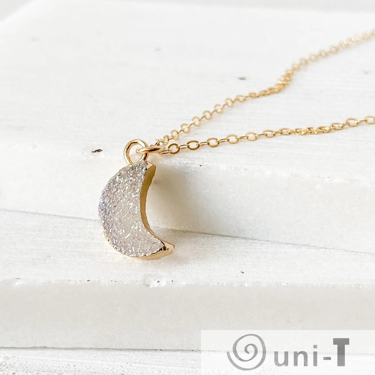Druzy Quartz Mini Moon Pendant Necklace on 14K Gold Filled Chain Regina McGearty