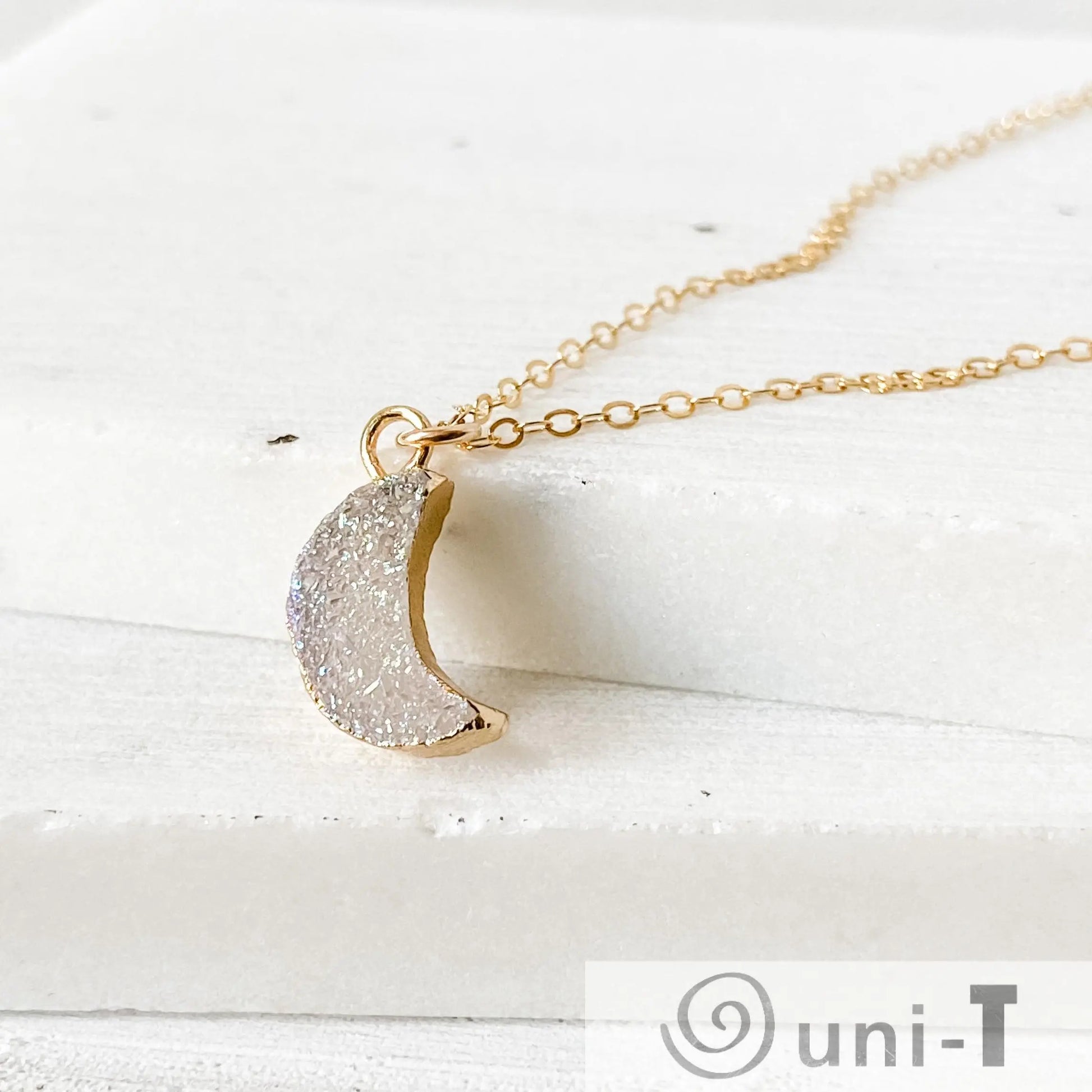 Druzy Quartz Mini Moon Pendant Necklace on 14K Gold Filled Chain Regina McGearty