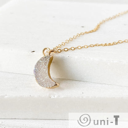 Druzy Quartz Mini Moon Pendant Necklace on 14K Gold Filled Chain Regina McGearty