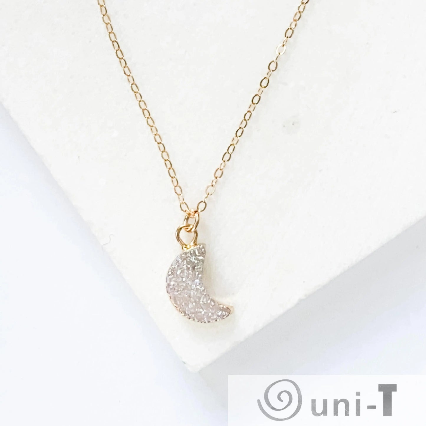 Druzy Quartz Mini Moon Pendant Necklace on 14K Gold Filled Chain Regina McGearty
