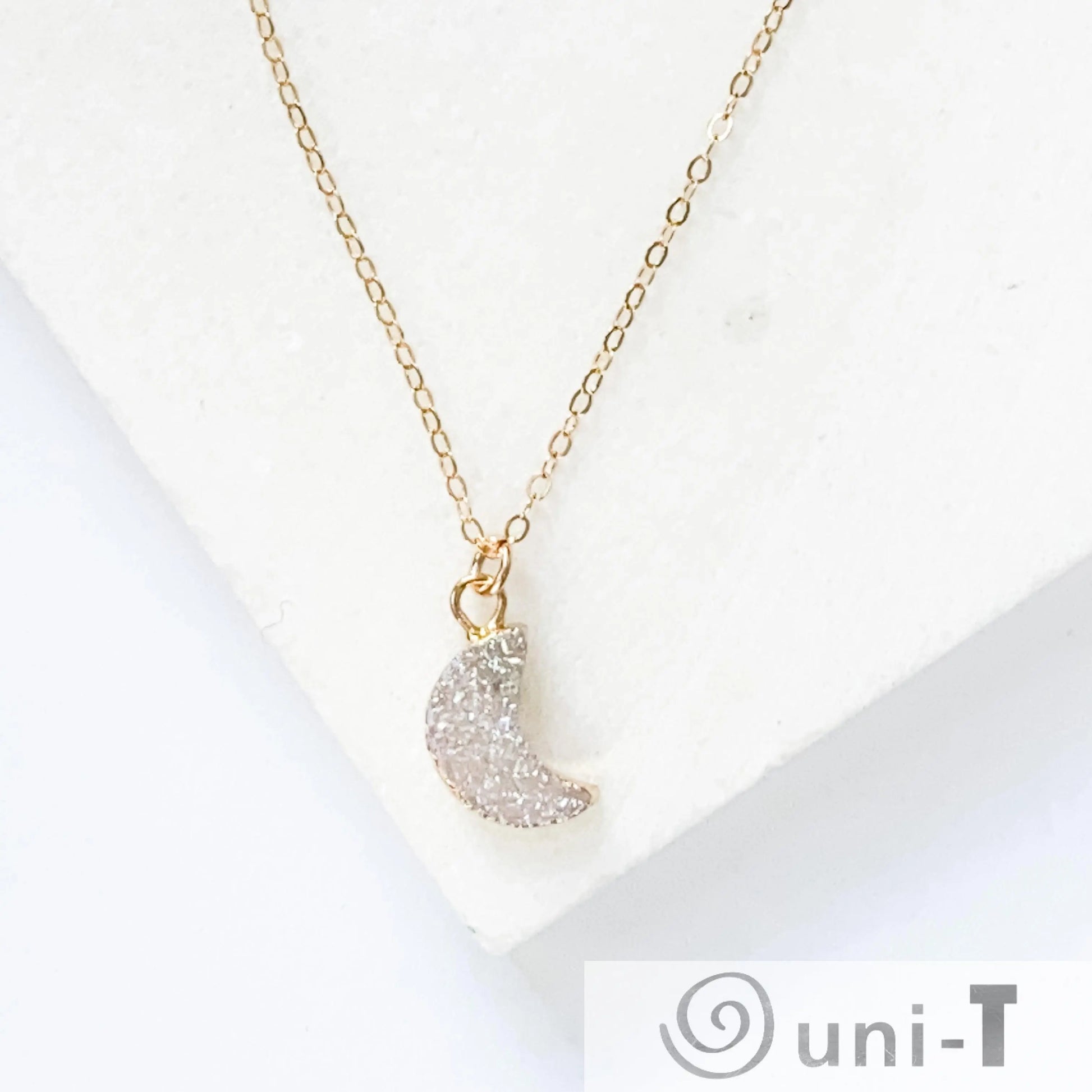 Druzy Quartz Mini Moon Pendant Necklace on 14K Gold Filled Chain Regina McGearty