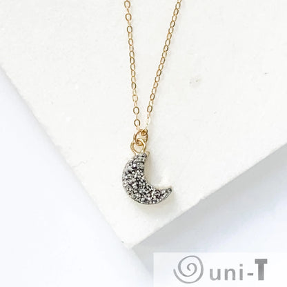 Druzy Quartz Mini Moon Pendant Necklace on 14K Gold Filled Chain Regina McGearty