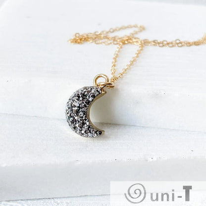Druzy Quartz Mini Moon Pendant Necklace on 14K Gold Filled Chain Regina McGearty