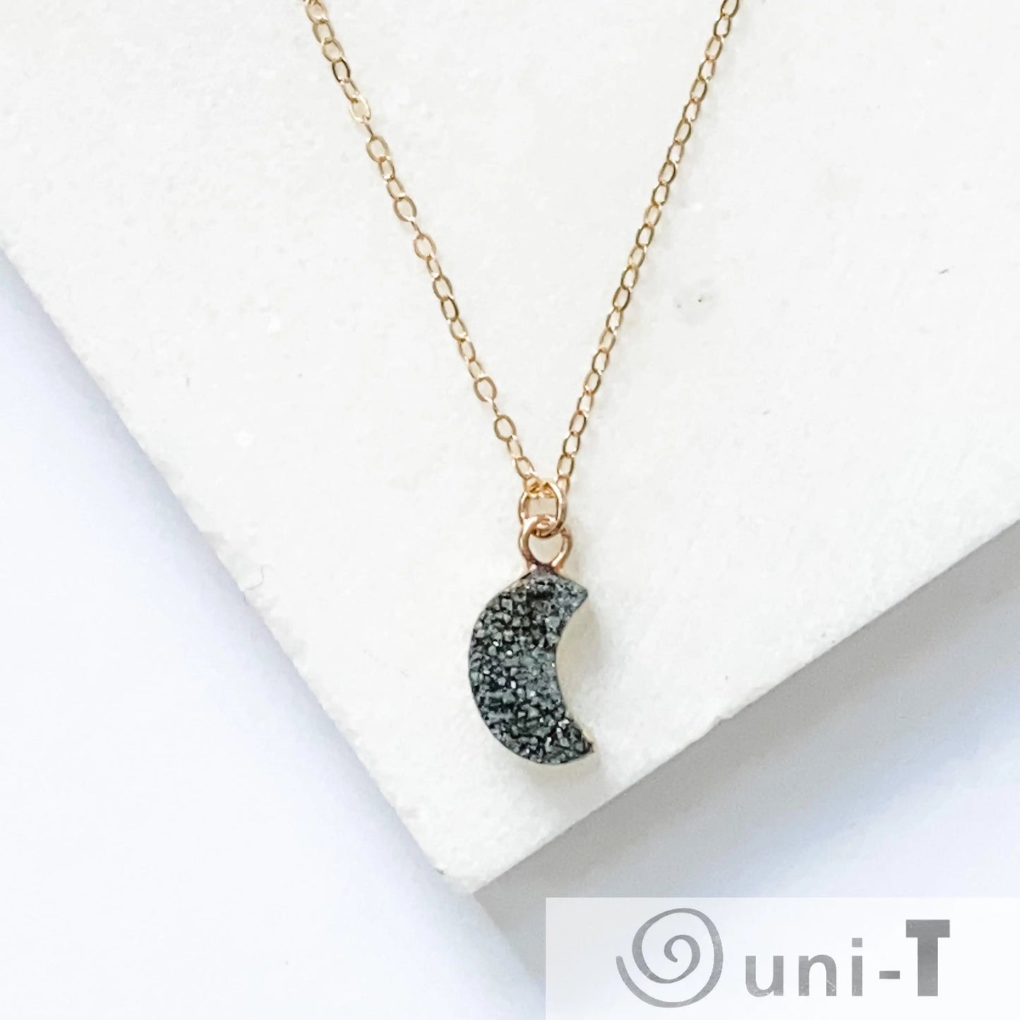Druzy Quartz Mini Moon Pendant Necklace on 14K Gold Filled Chain Regina McGearty