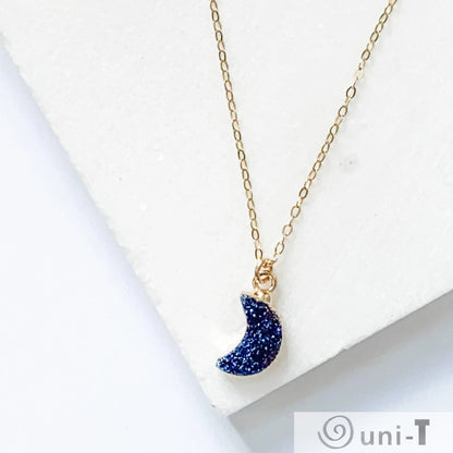 Druzy Quartz Mini Moon Pendant Necklace on 14K Gold Filled Chain Regina McGearty