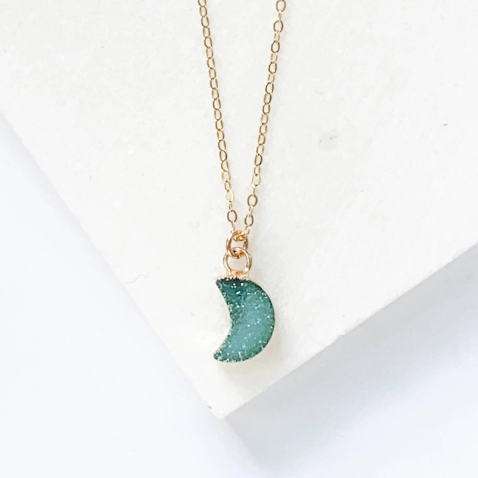 Druzy Quartz Mini Moon Pendant Necklace on 14K Gold Filled Chain Regina McGearty