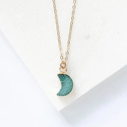 Druzy Quartz Mini Moon Pendant Necklace on 14K Gold Filled Chain Regina McGearty