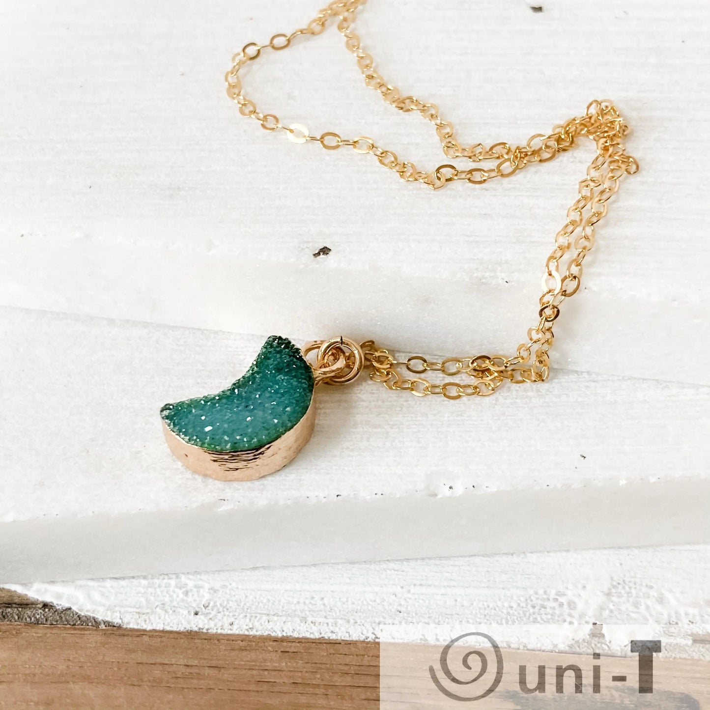 Druzy Quartz Mini Moon Pendant Necklace on 14K Gold Filled Chain Regina McGearty