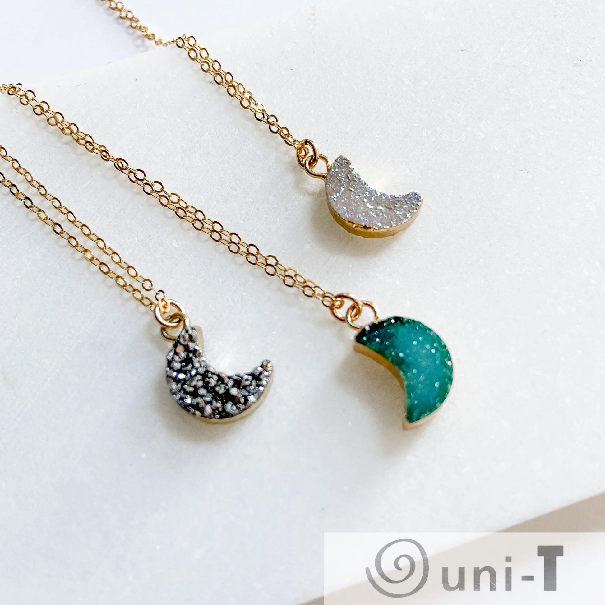 Druzy Quartz Mini Moon Pendant Necklace on 14K Gold Filled Chain Regina McGearty