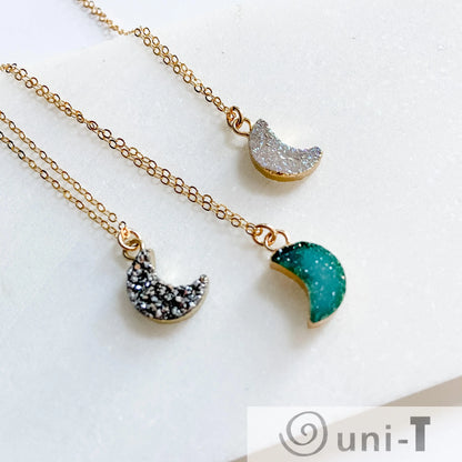 Druzy Quartz Mini Moon Pendant Necklace on 14K Gold Filled Chain Regina McGearty