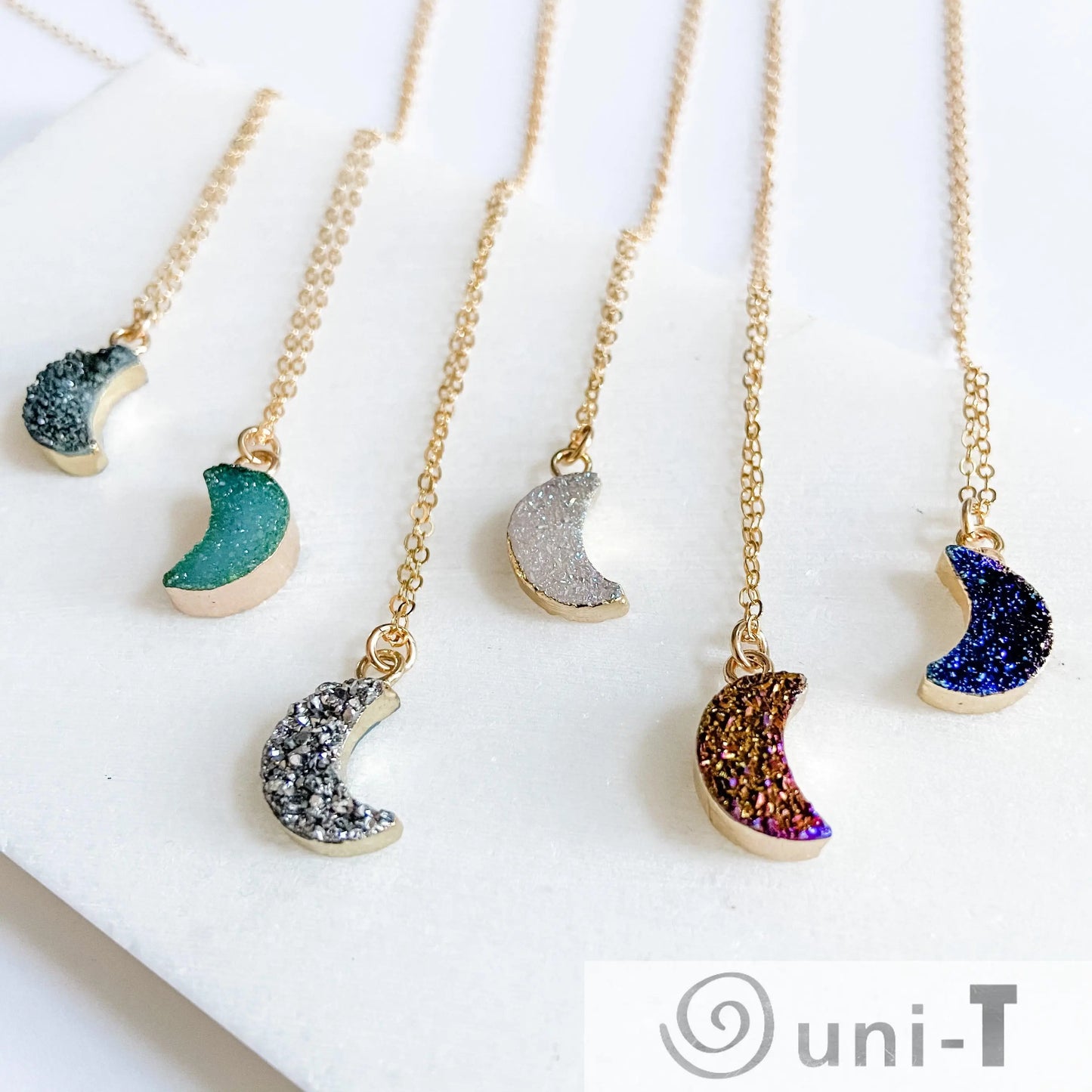 Druzy Quartz Mini Moon Pendant Necklace on 14K Gold Filled Chain Regina McGearty