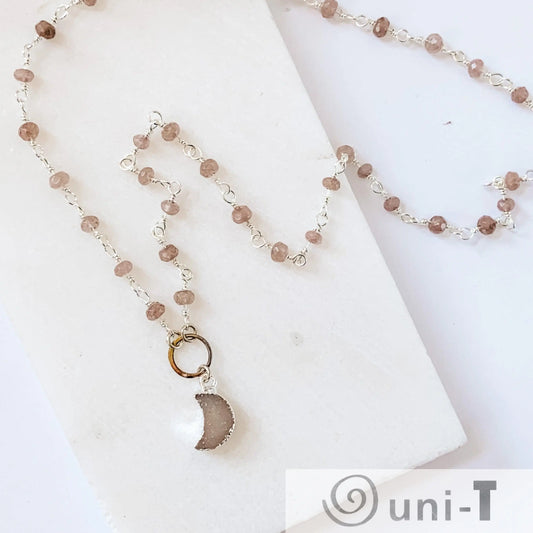 Druzy Quartz Mini Moon and Chocolate Moonstone with Sterling Silver Circlet Necklace Regina McGearty