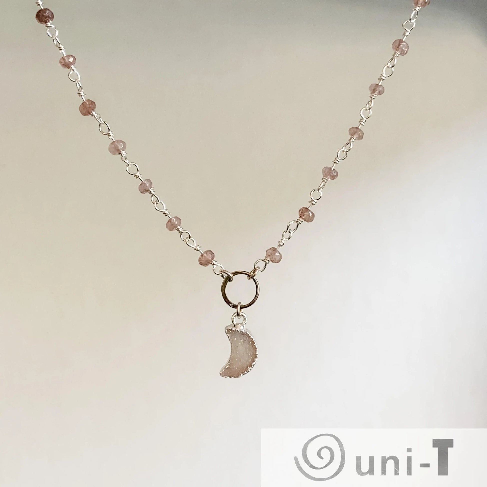 Druzy Quartz Mini Moon and Chocolate Moonstone with Sterling Silver Circlet Necklace Regina McGearty