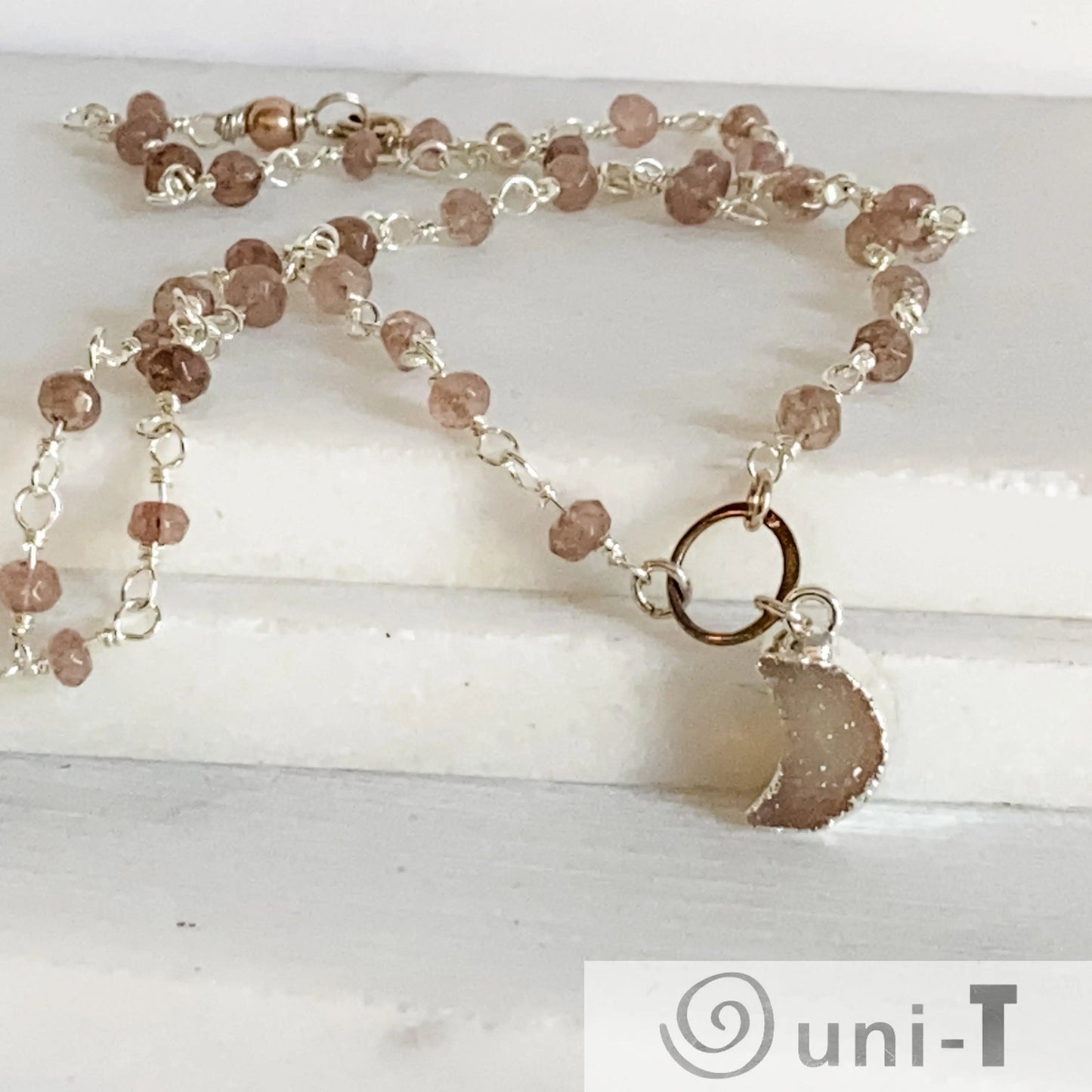 Druzy Quartz Mini Moon and Chocolate Moonstone with Sterling Silver Circlet Necklace Regina McGearty