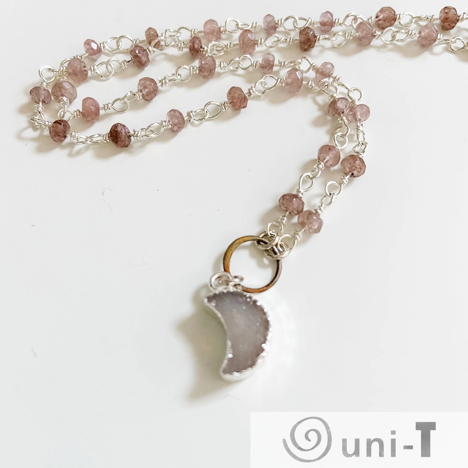 Druzy Quartz Mini Moon and Chocolate Moonstone with Sterling Silver Circlet Necklace Regina McGearty