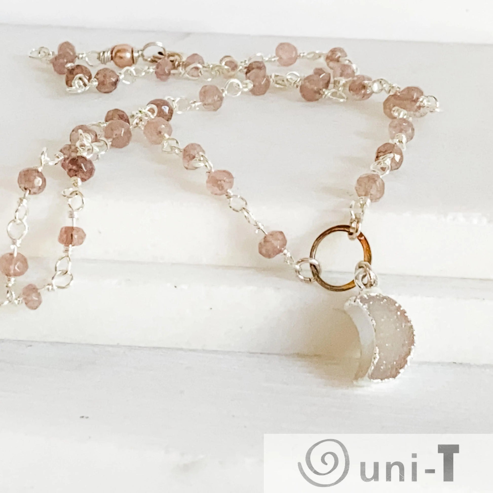 Druzy Quartz Mini Moon and Chocolate Moonstone with Sterling Silver Circlet Necklace Regina McGearty