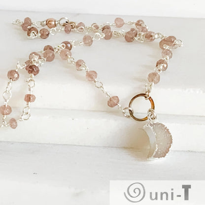 Druzy Quartz Mini Moon and Chocolate Moonstone with Sterling Silver Circlet Necklace Regina McGearty