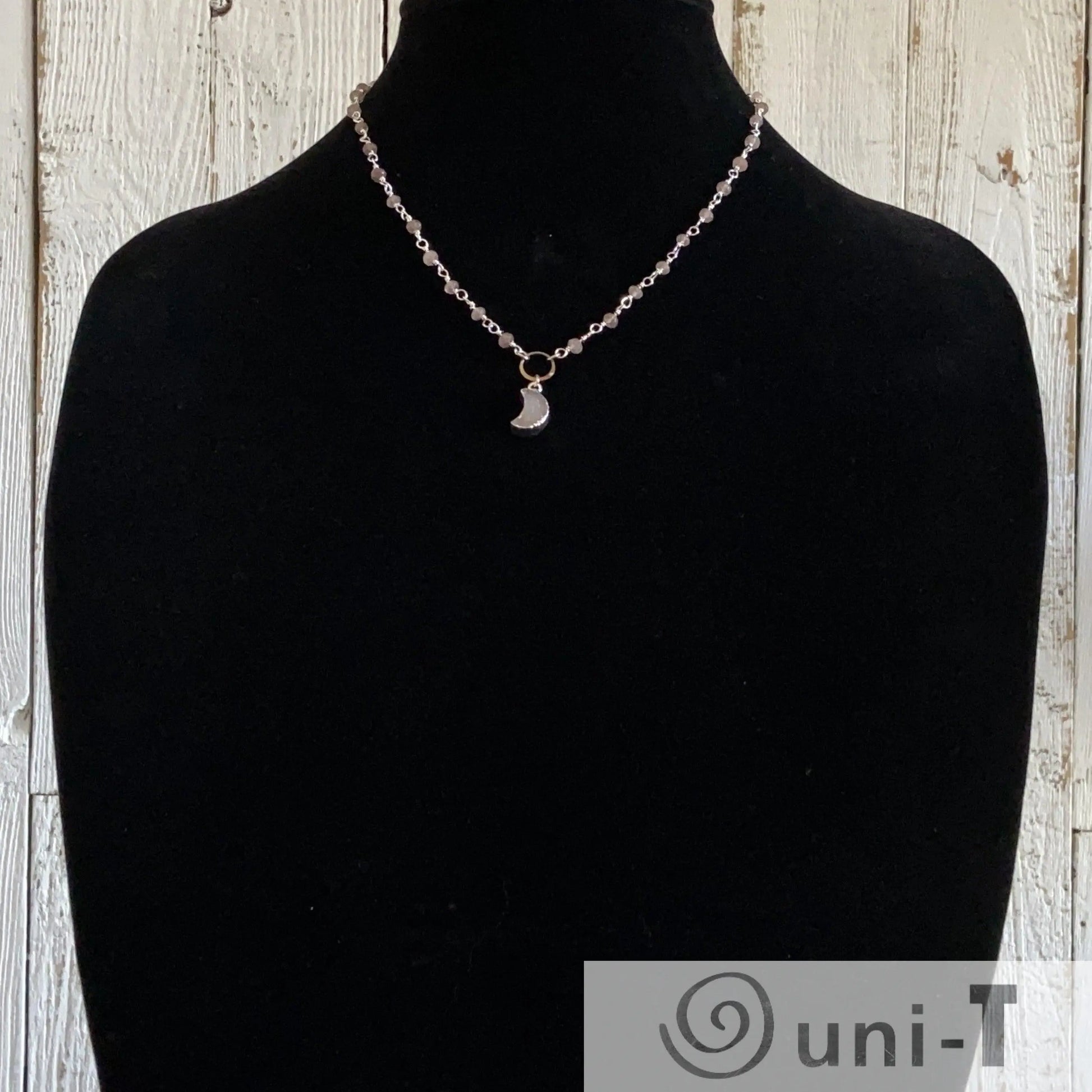 Druzy Quartz Mini Moon and Chocolate Moonstone with Sterling Silver Circlet Necklace Regina McGearty