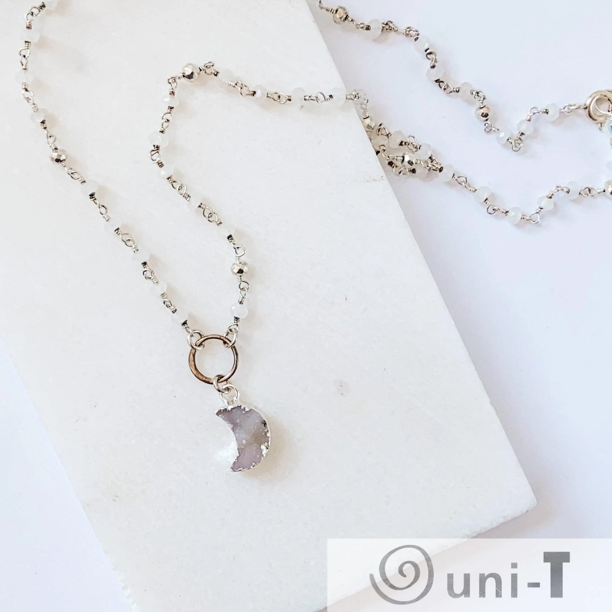 Druzy Quartz Mini Moon and Moonstone with Sterling Silver Circlet Necklace Regina McGearty