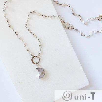 Druzy Quartz Mini Moon and Moonstone with Sterling Silver Circlet Necklace Regina McGearty