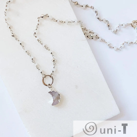 Druzy Quartz Mini Moon and Moonstone with Sterling Silver Circlet Necklace Regina McGearty