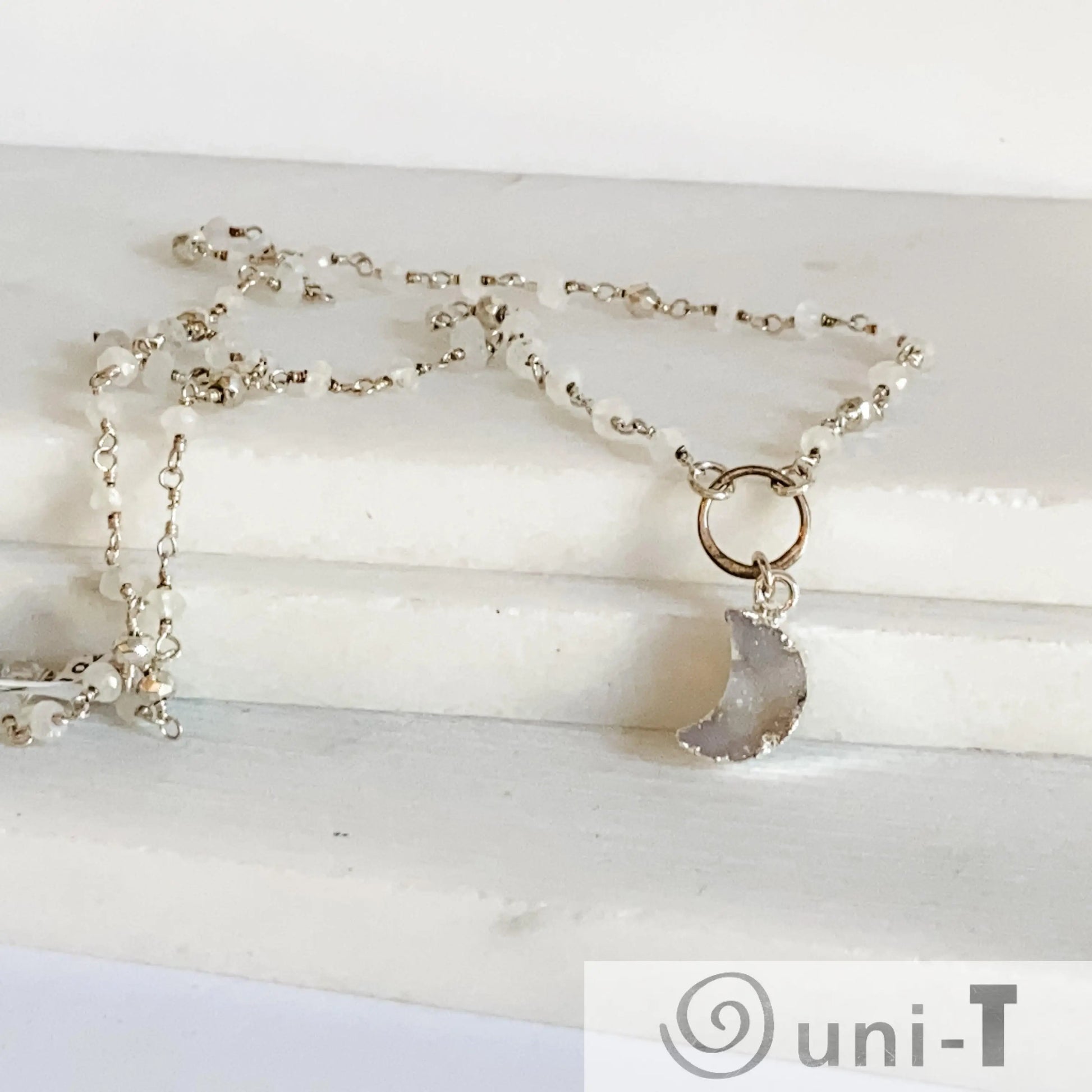 Druzy Quartz Mini Moon and Moonstone with Sterling Silver Circlet Necklace Regina McGearty